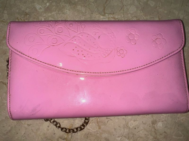 Pink Peacock Embossed Clutch with Chain