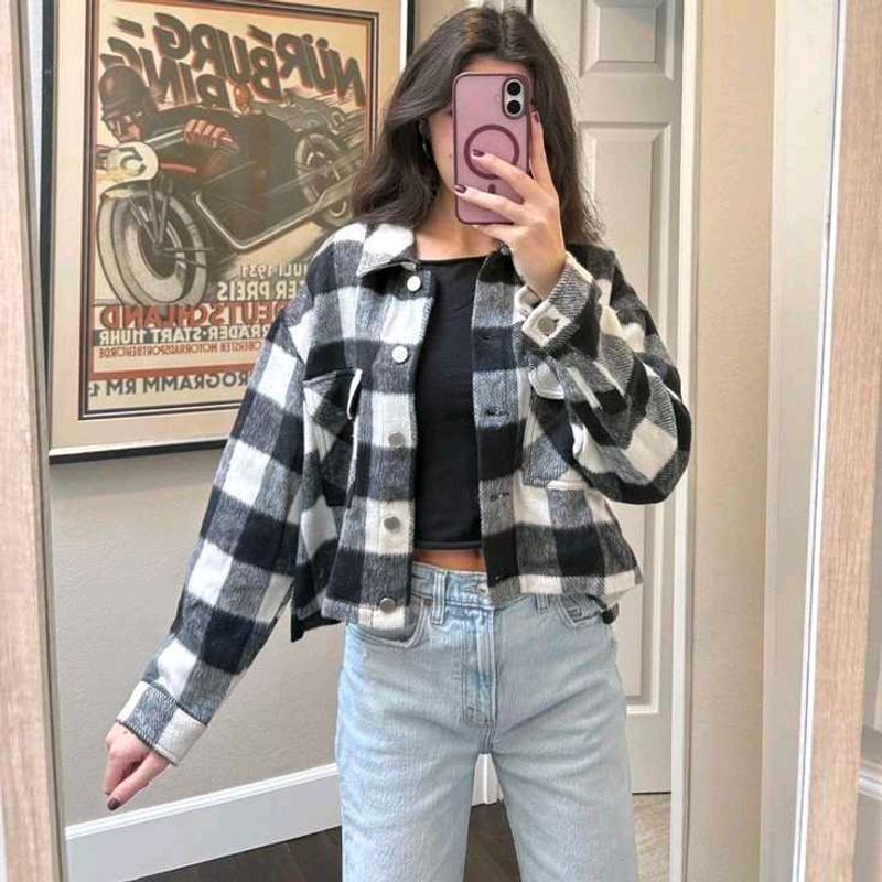 Zara black and white plaid hooded shacket