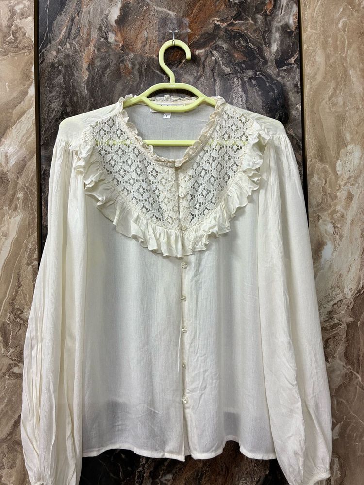 Cream Lace Detail Ruffled Blouse