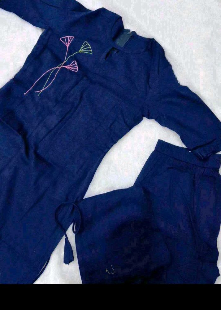 Navy Blue Embroidered Kurta Set