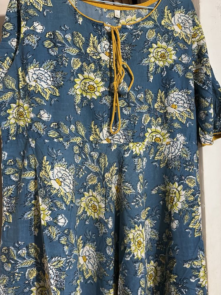 Blue Floral Cotton Maxi Dress Woman