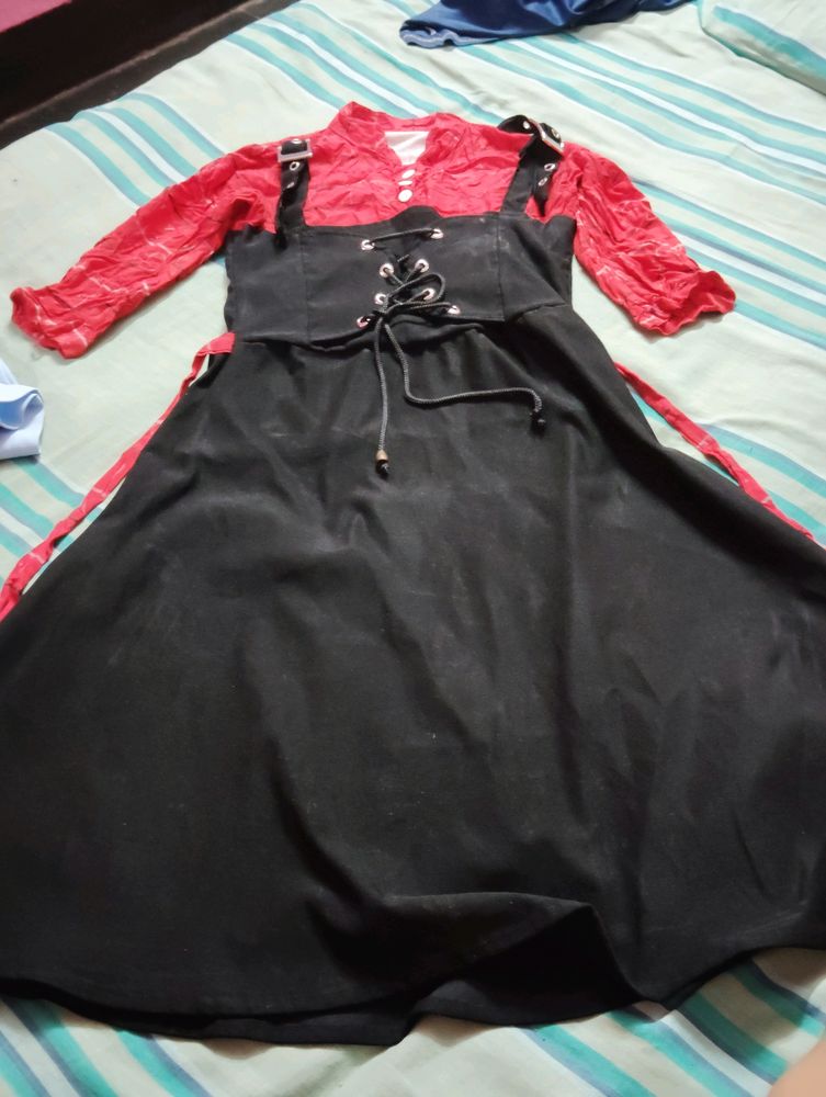 Cute Black Frock With Bright Red Neck Part.