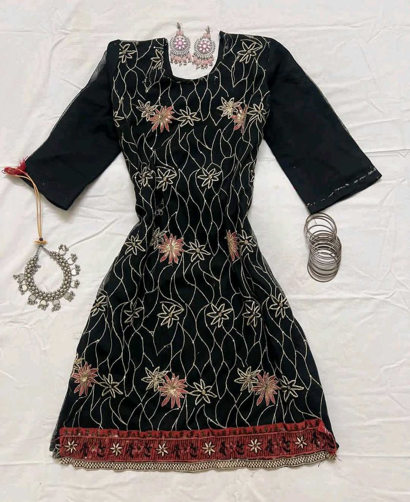 Embroidered Y2k Short Black Farshi Kurta Set