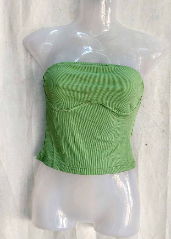Green Ribbed Strapless Tube Top