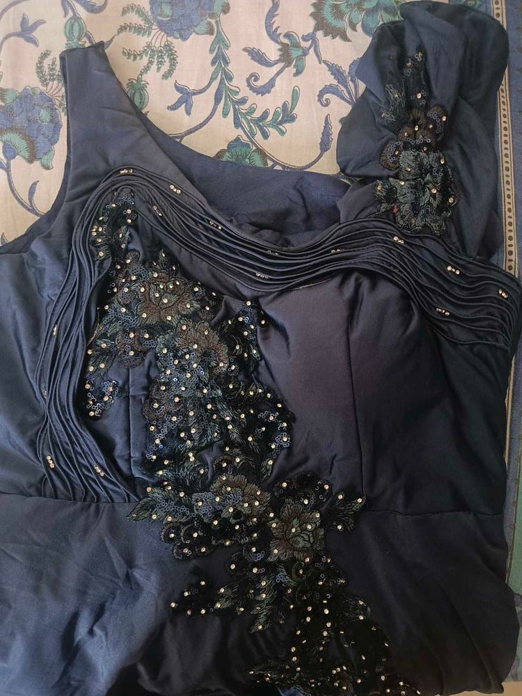 Navy Blue Gown With Ruffled Dupatta ( Full Gher)
