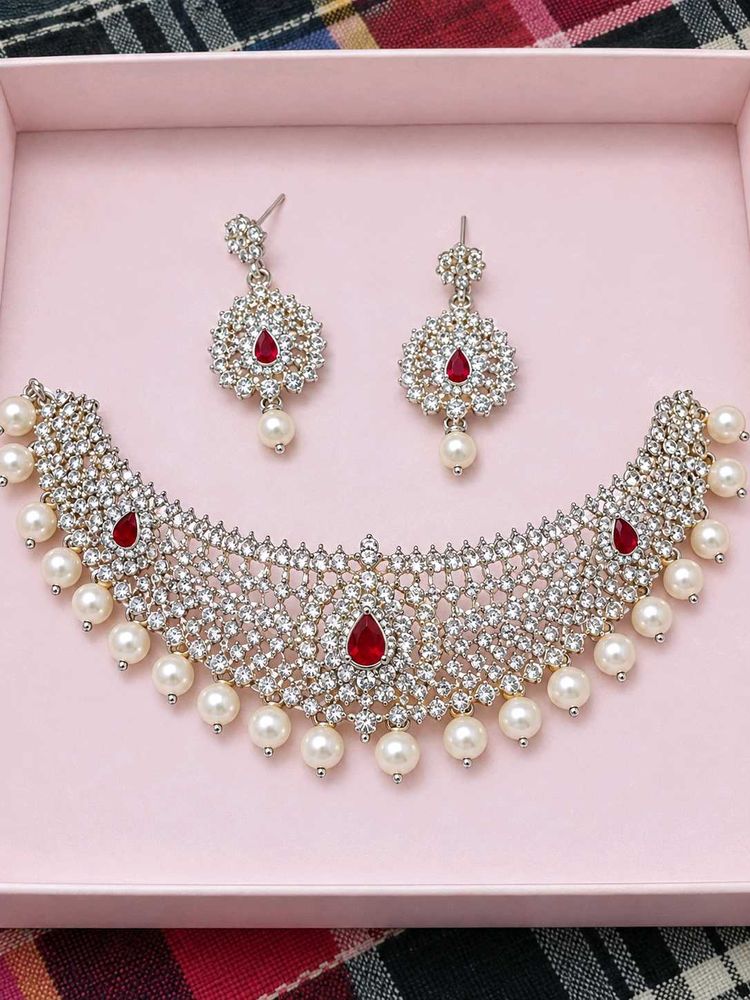 Sparkling Red Stone &amp; Pearl Necklace Set