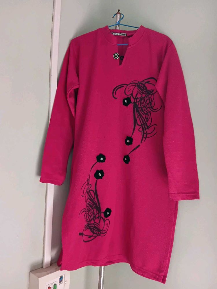 Brand New Pink Woolen Kurti With Floral Details