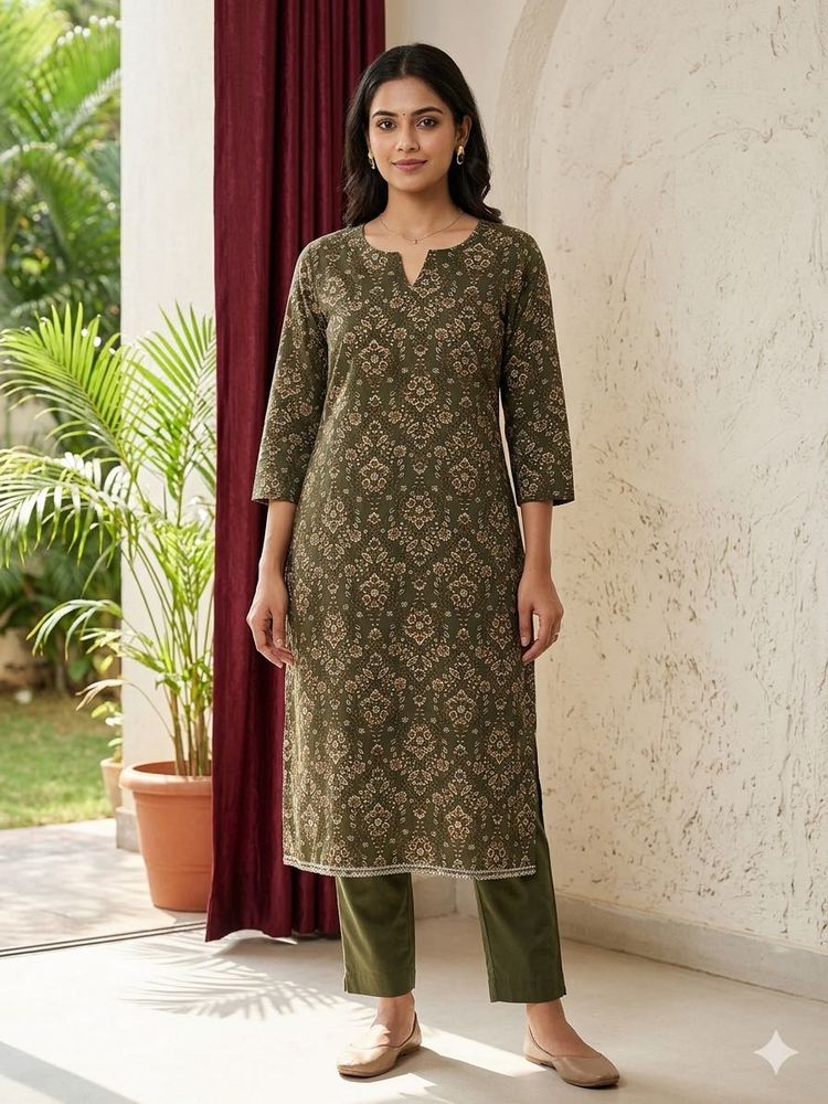 Olive Green Printed Kurta
