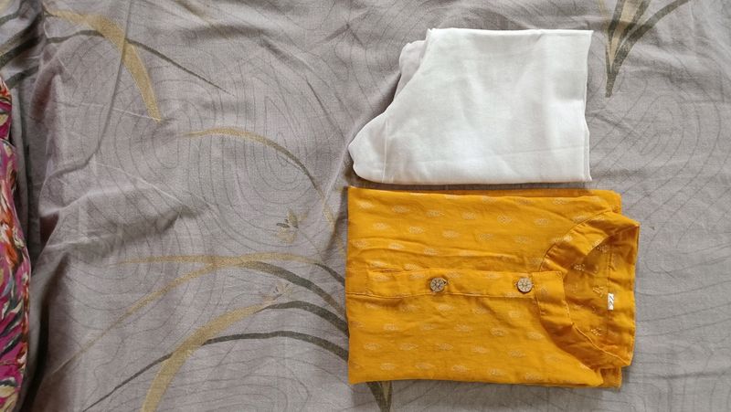 Kids Yellow Kurta White Pyjama