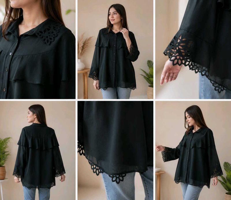Elegant Black Lace Trim Tunic Top