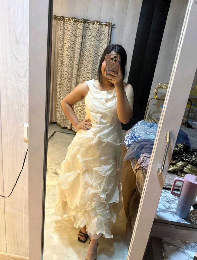 Elegant Ruffled Cream Maxi Dress