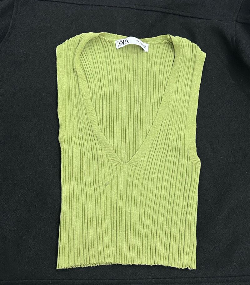 Zara Lime Green Ribbed V-Neck Sleeveless Top