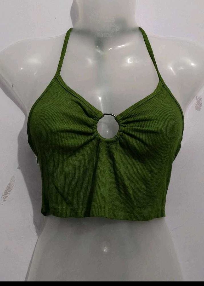 Green Ribbed Ring Detail Crop Top