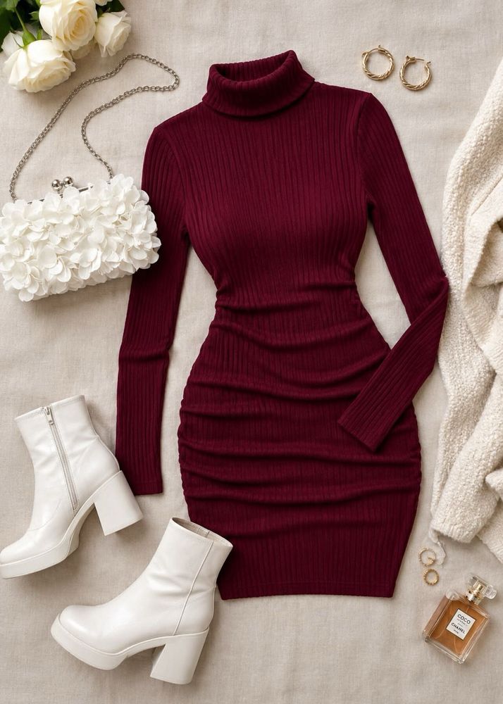 Burgundy Ribbed Turtleneck Ruched Dress
