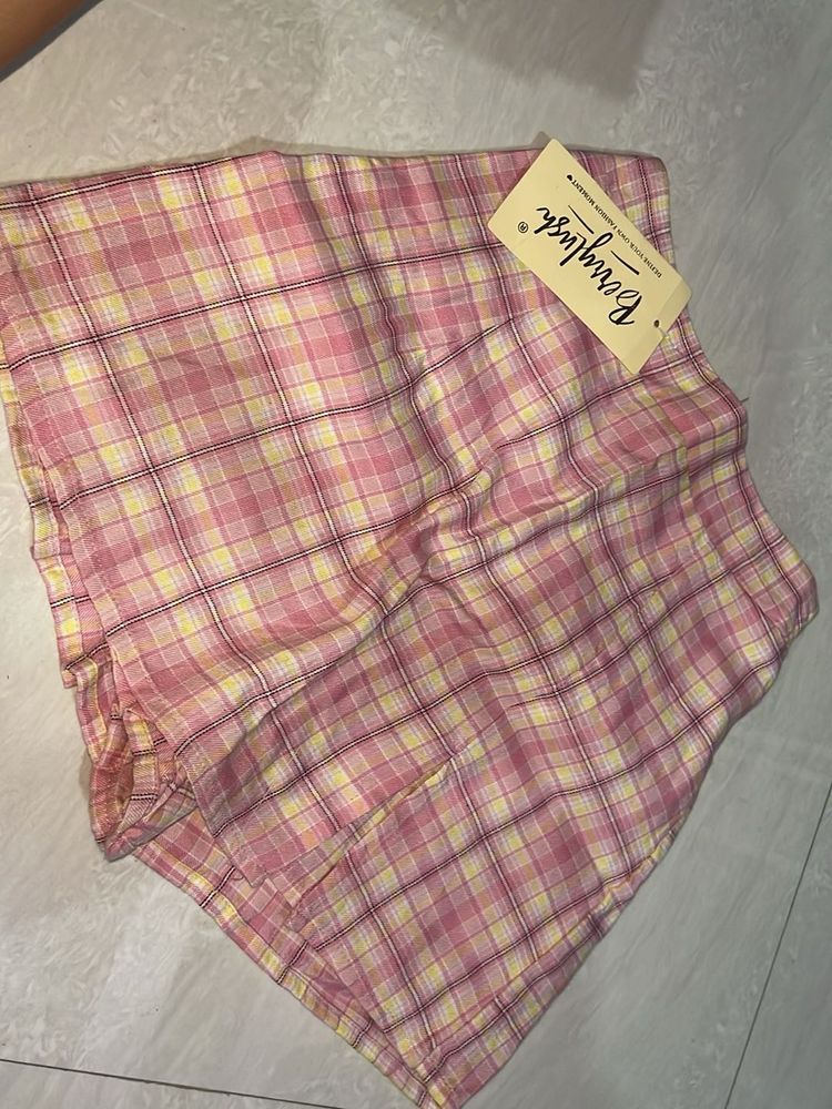 Pink Plaid High-Waisted Shorts