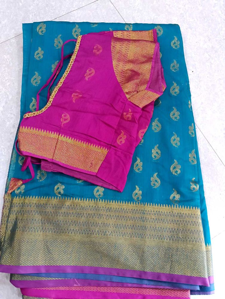 Beautiful Teal Saree with Pink Blouse