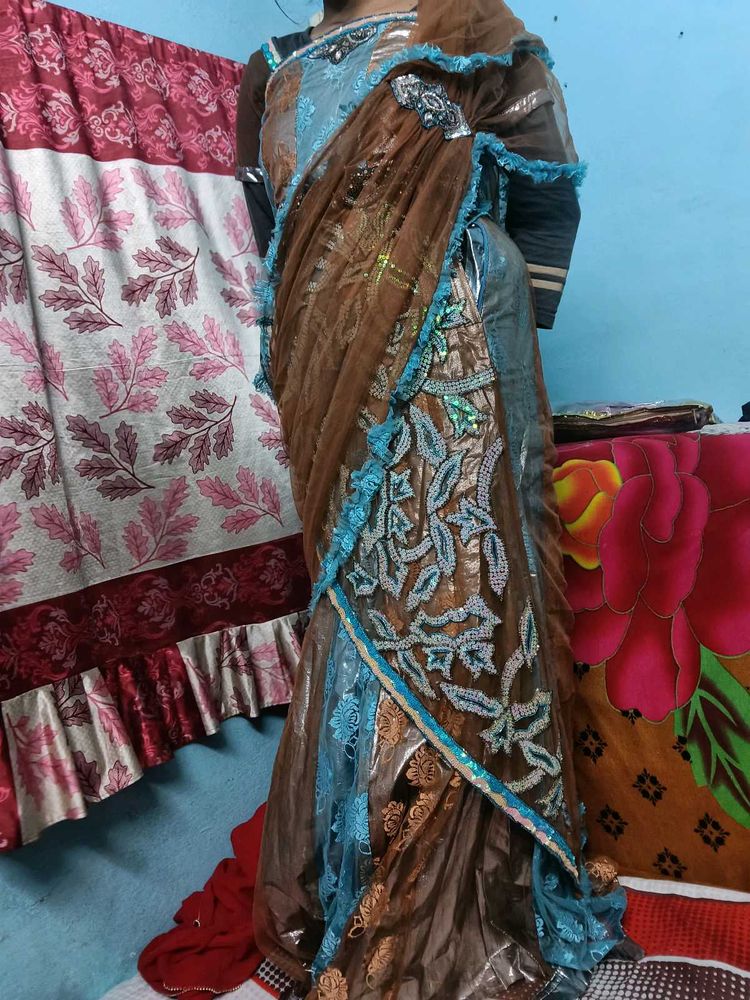 brown  blue saree with golden and silver pri