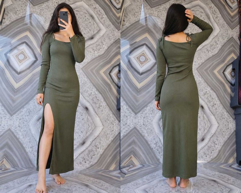 Olive Green Long Sleeve Maxi Dress with High Slit