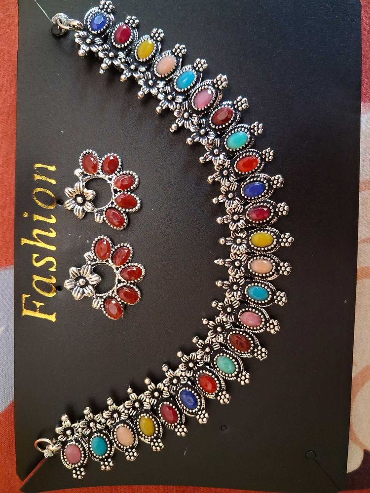 Boho Multi-Color Stone Necklace &amp; Earring Se