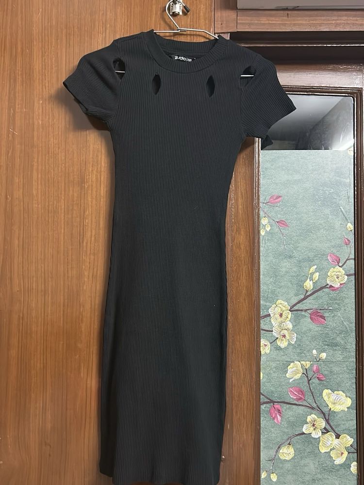 Black Ribbed Cut-Out Dress