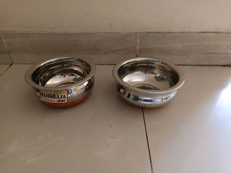 Unused 2 Pieces Stainless Steel Bowls Copper Base