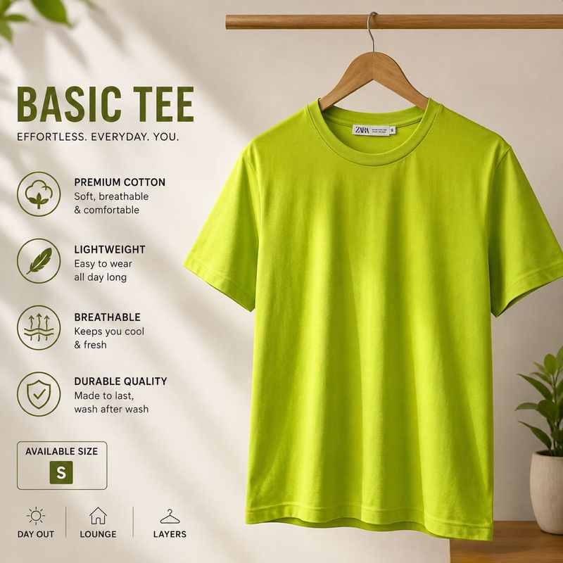ZARA lime Green Basic Cotton T-Shirt