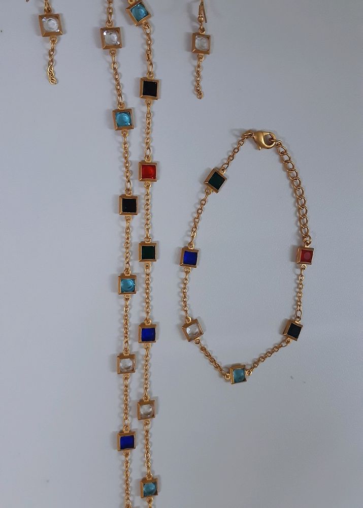 Colourful Rhinestone Chain, Bracelet &amp; Earring Set