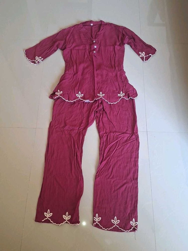 Maroon Embroidered Relaxed Fit Pajama Set