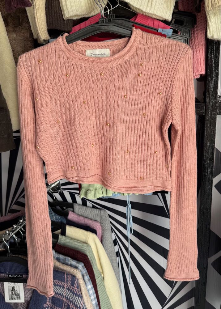 Peach Embellished Cropped Sweater