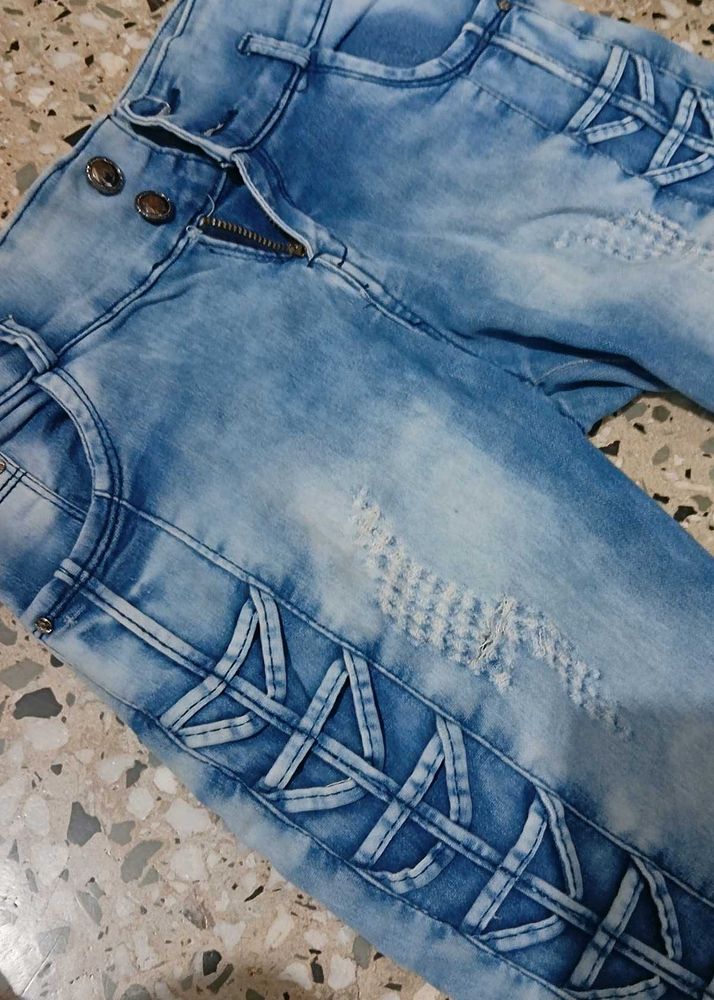 Stylish Blue Denim Jeans with Lace-Up Detail