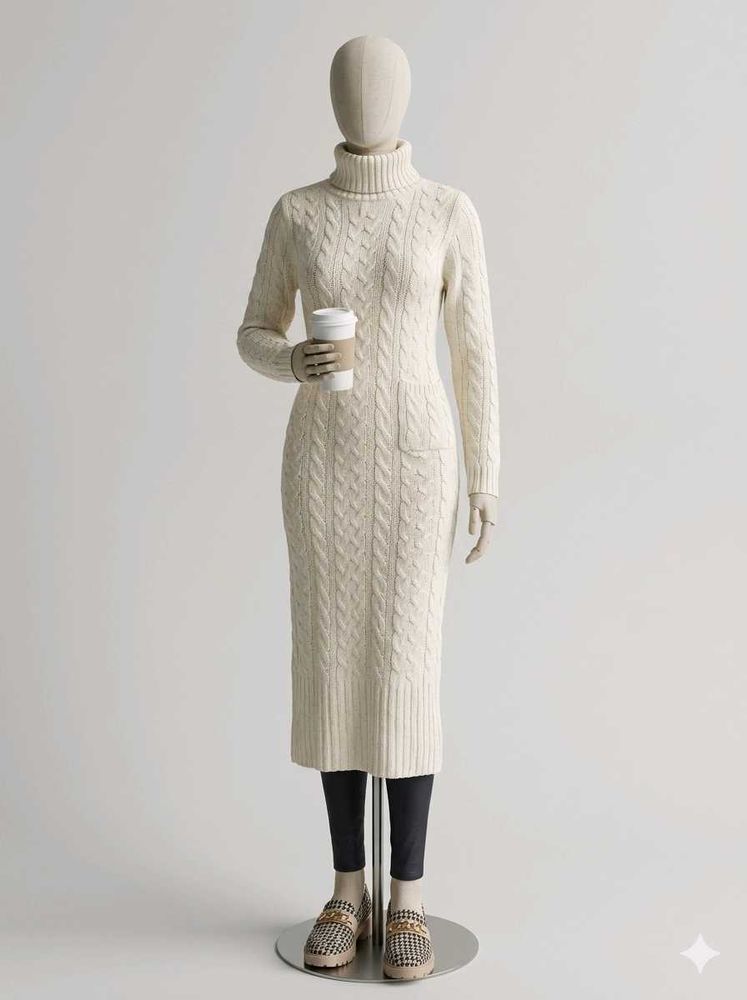 Cream Cable Knit Turtleneck Sweater Dress