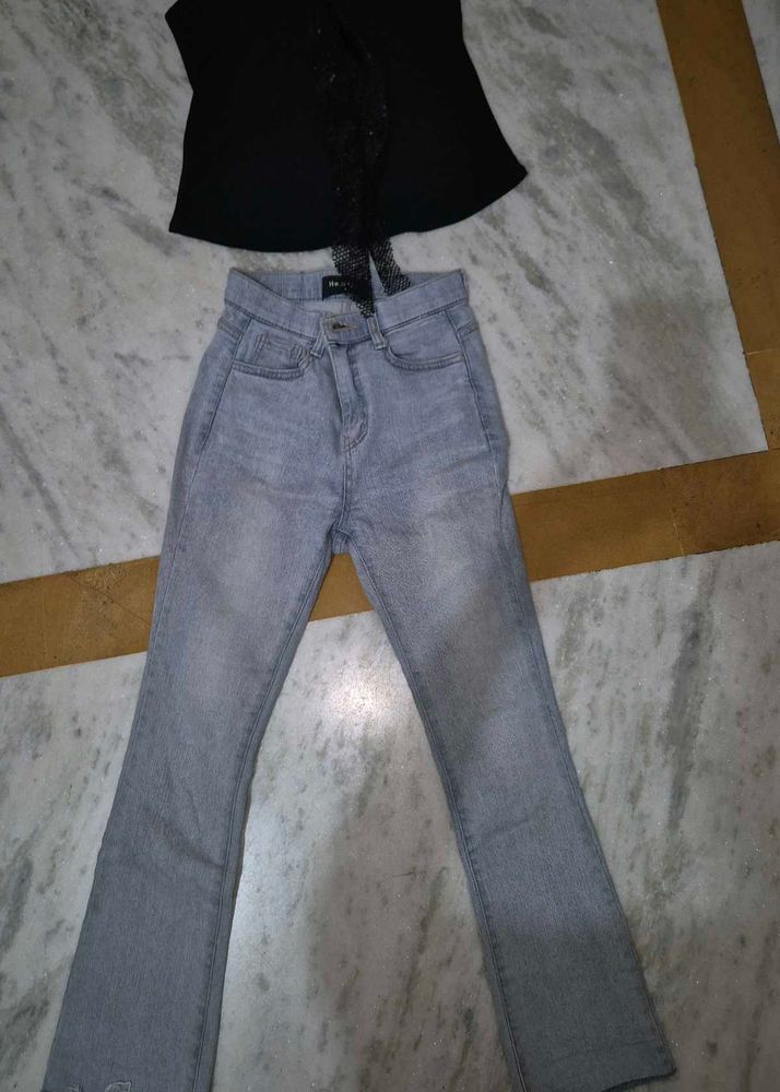 Stylish Light Wash Flare Jeans with a chic top