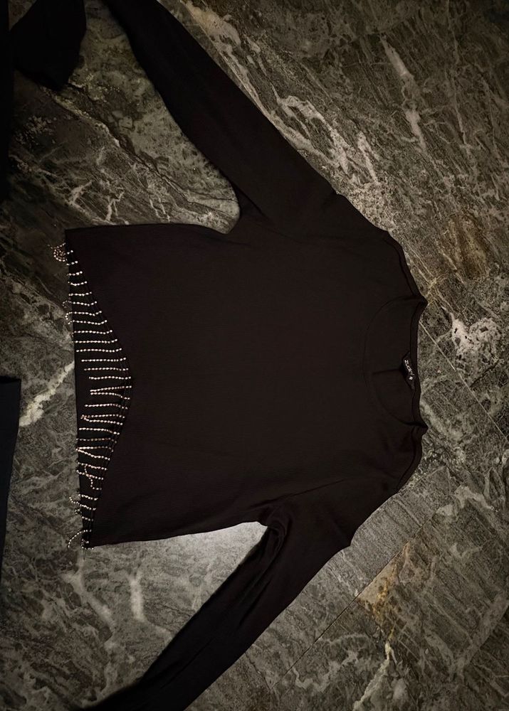 Chic Black Rhinestone Trim Top