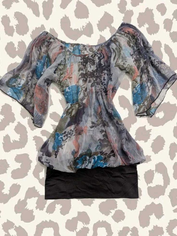 Y2K Sheer Printed Flutter Sleeve Top
