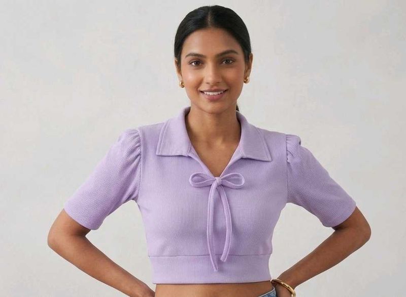 Lavender Collared Tie-Front Cropped Top