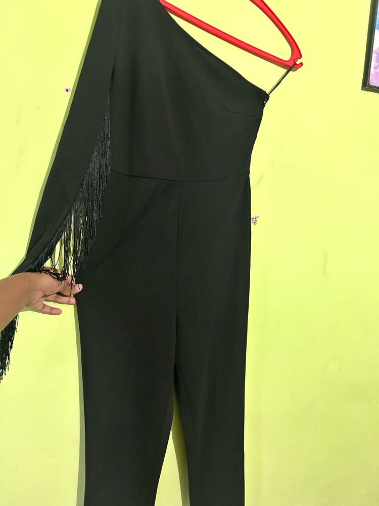Chic Black One-Sleeve Fringe Jumpsuit