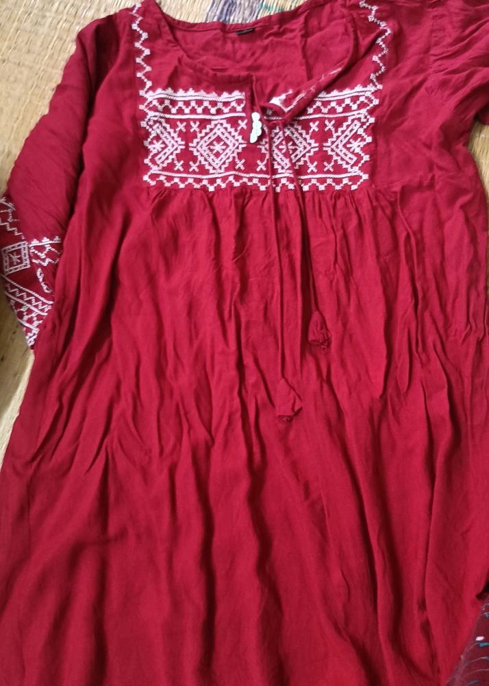 Red Embroidered Peasant Dress