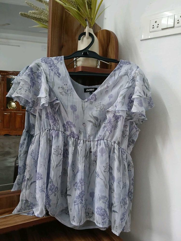 Cute  Blue Floral Peplum Top