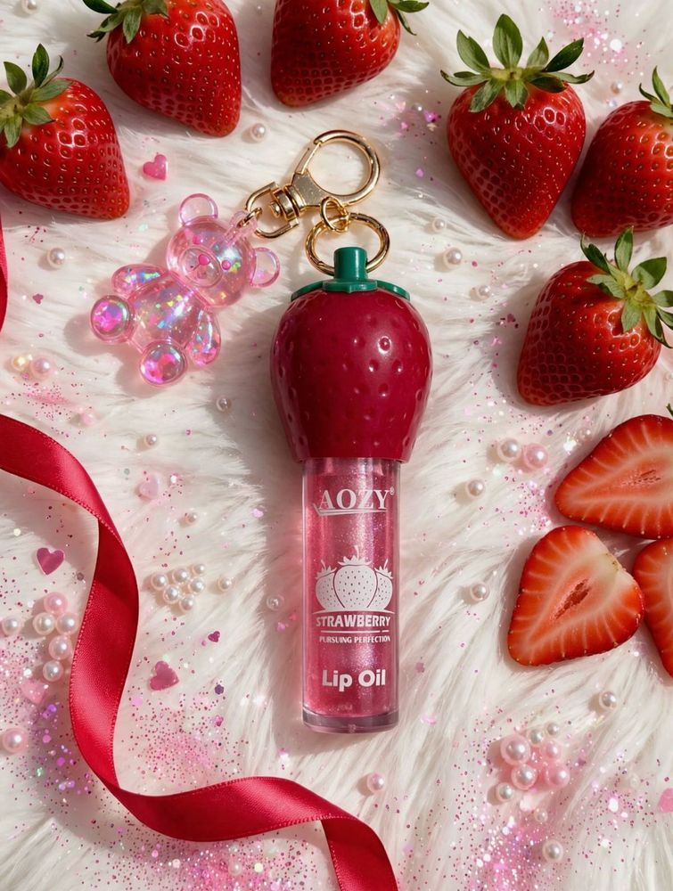 Strawberry Lip Oil with Cute Bear Keychain