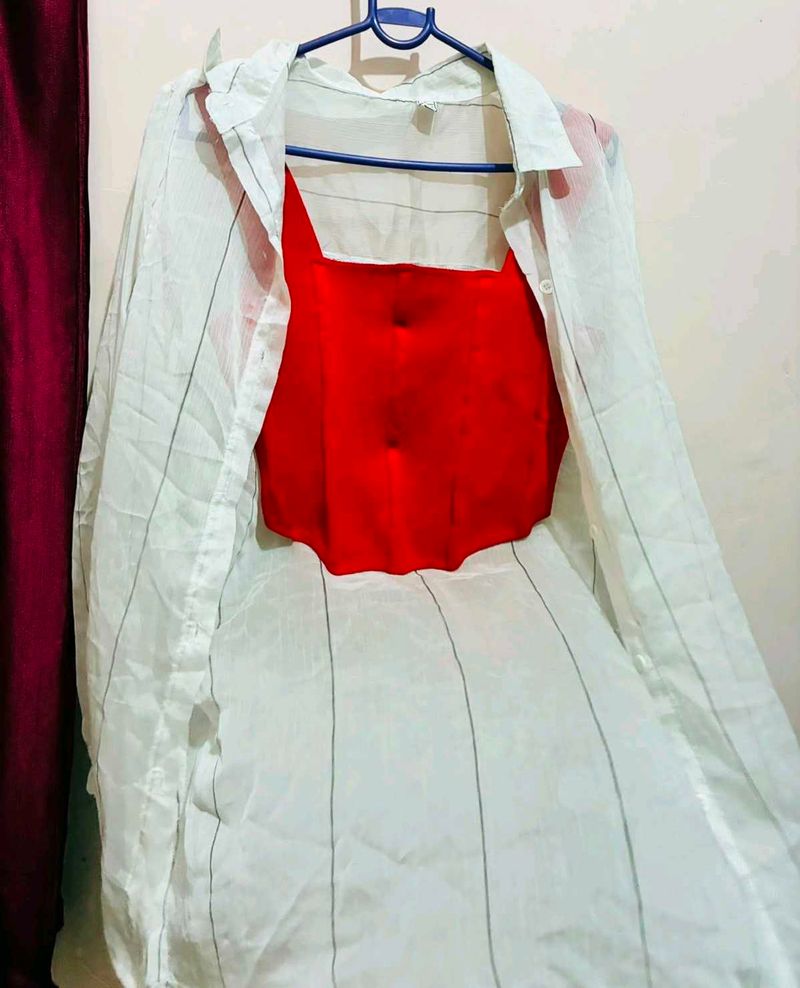 Red Corset Top with White Sheer Shirt