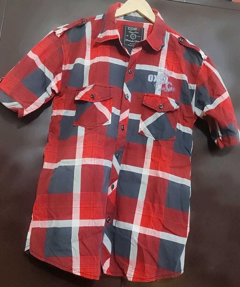 Red🔴 &amp; Navy Blue Check Print Shirt For 38 Chest