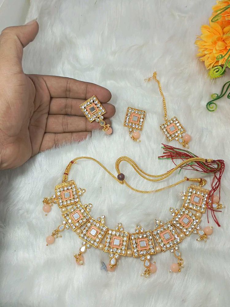 mirror plus minakari Giri peach color necklace des