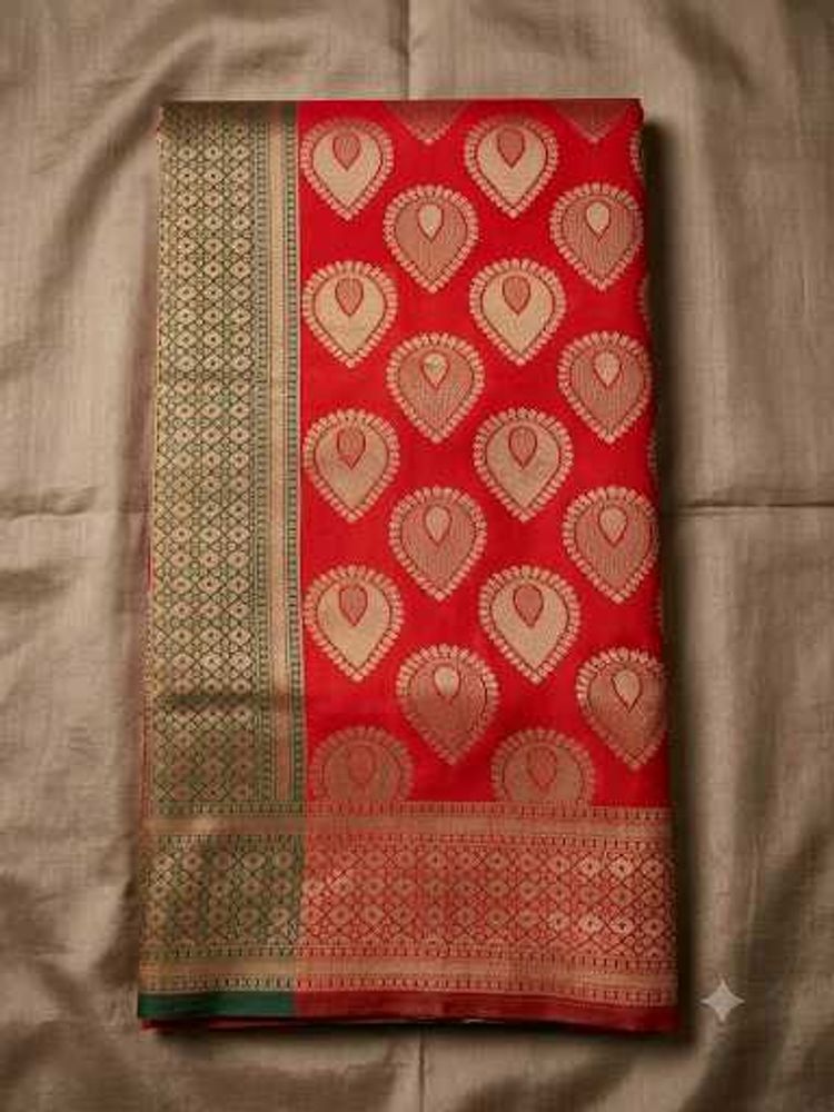 Vibrant Red Silk Saree with Intricate Weave