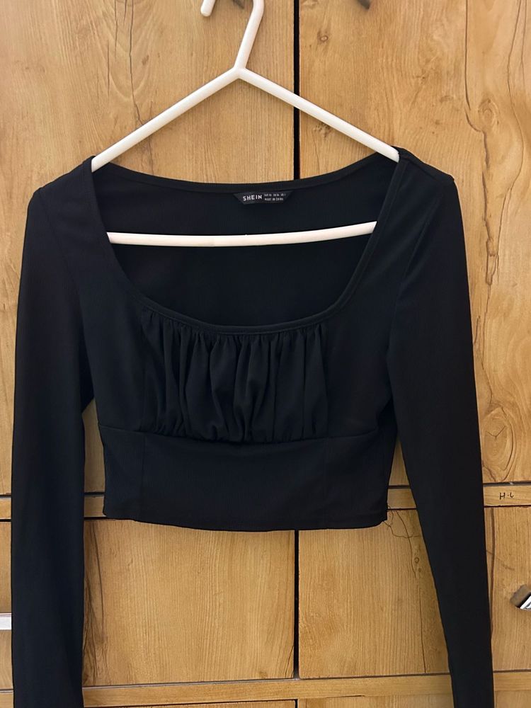 Shein Black Ruched Long Sleeve Crop Top