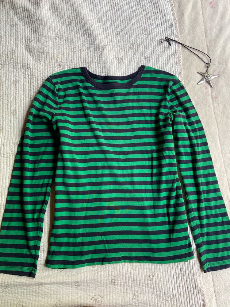 Green &amp; Navy Striped Long Sleeve Tee