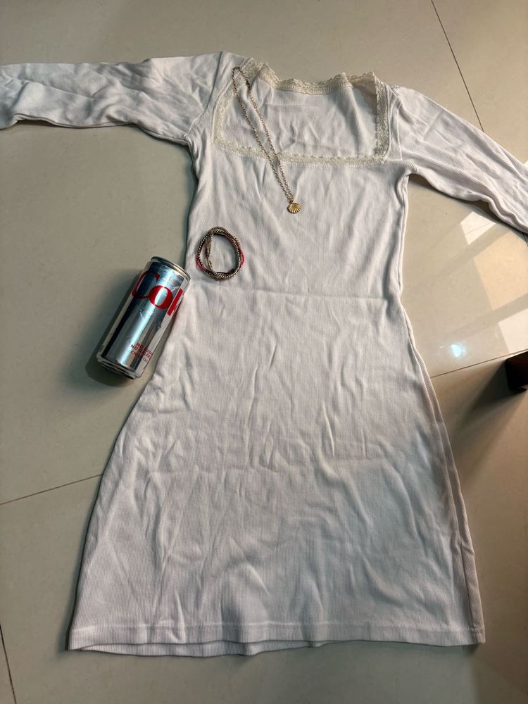 White Long Sleeve Lace Trim Dress