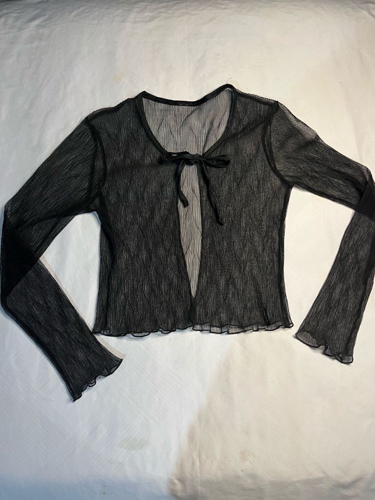Sheer Black Tie-Front Long Sleeve Top