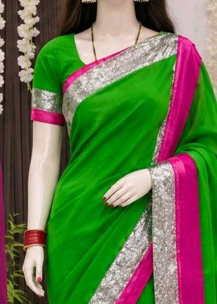 Vibrant Green Saree with Pink &amp; Silver Border