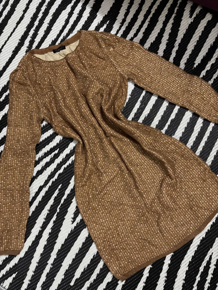 Brown Textured Long Sleeve Dress