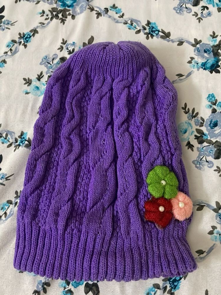 Purple Knit Beanie with Flower Embellishments